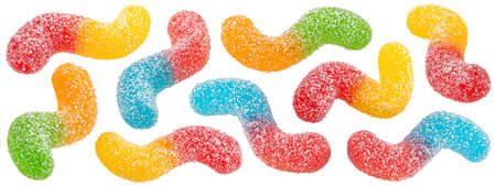 Sour gummy worms isolated on white background, full depth of fieldの写真素材