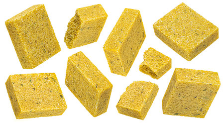 Bouillon cubes isolated on white background, chicken broth concentrateの写真素材