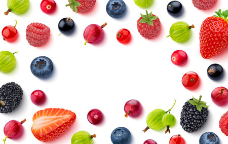 Fruits and berries frame isolated on white background, top view, flat layの写真素材