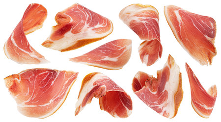 Bacon strips isolated on white background, collectionの写真素材