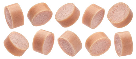 Sausage slices isolated on white background, full depth of fieldの写真素材