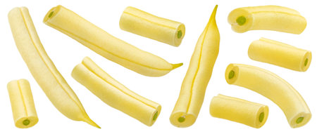 Yellow asparagus beans, chopped string beans isolated on white backgroundの写真素材