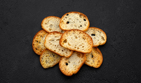 Bruschetta crackers, bread croutons on black background, top view