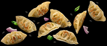 Fried Chinese Gyoza dumplings isolated on black background, collectionの写真素材
