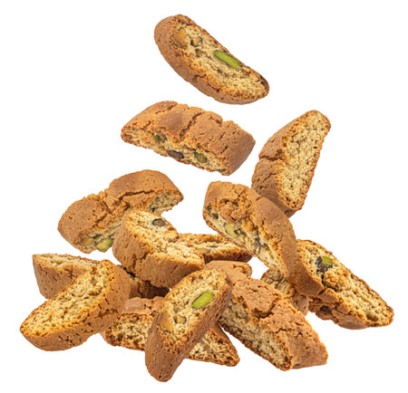 Cantuccini biscuits, Italian almond cookies with pistachio nuts isolated on white background, full depth of fieldの写真素材