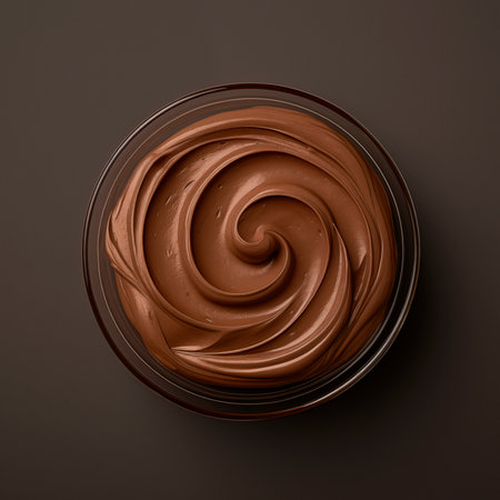 Glass bowl of hazelnut cream, chocolate paste swirl on black background, AI generatedの素材
