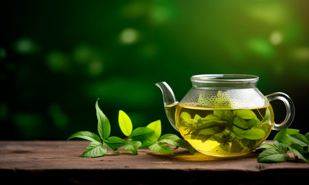 Glass teapot with green tea on dark wooden table with copy space, AI generatedの素材
