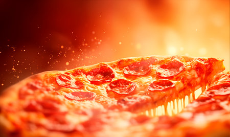 Italian pizza slice over fire flames with copy space, AI generatedの素材