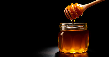 Honey dipper and pouring honey with glass jar on black background with copy space, AI generatedの素材