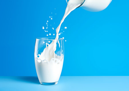 Milk pouring into glass with splashing on blue background with copy space, AI generatedの素材