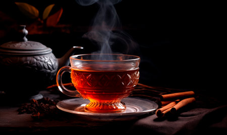Vintage glass teacup on wooden table over black background with copy space, AI generatedの素材