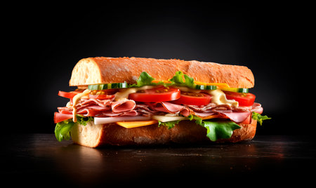 Baguette sandwich with ham, melted cheese and fresh vegetables on black background with copy space, AI generatedの素材