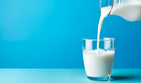 Milk pouring into glass on blue background with copy space, AI generatedの素材