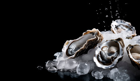 Fresh oysters on ice over black background with copy space, AI generatedの素材
