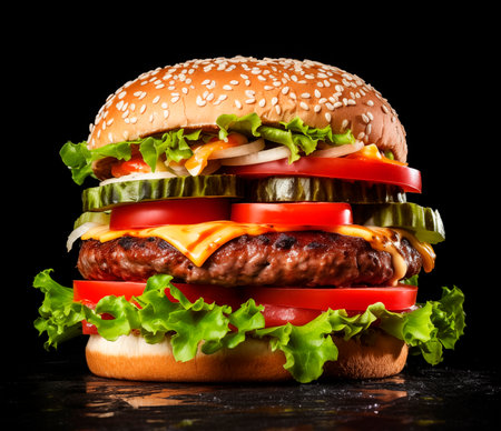 Big tasty burger on black background, AI generatedの素材