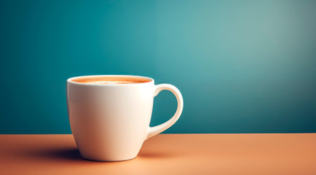 White mug of fresh hot cappuccino coffee on wooden table over blue background with copy space, AI generatedの素材