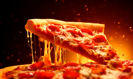 Italian pizza slice over dark background with copy space, AI generatedの素材