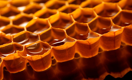 Close up of honeycombs on black background with copy space, AI generatedの素材