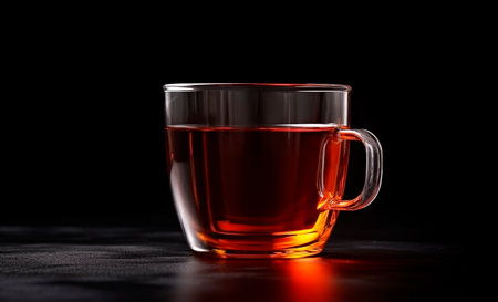 Glass teacup on black background with copy space, AI generatedの素材