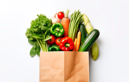 Paper bag with healthy food ingredients, fresh vegetables isolated on white background with copy space, top view, AI generatedの素材