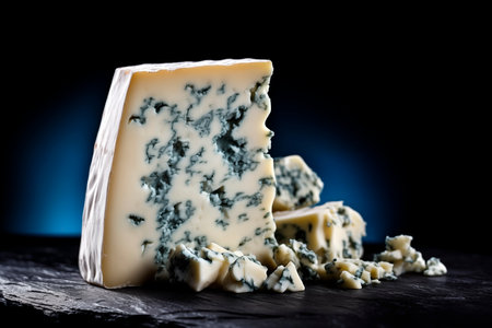 Slice of french blue cheese on rustic slate plate over black background with copy space, AI generatedの素材