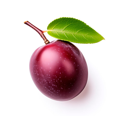 Plum with leaf isolated on white background, top view, AI generatedの素材
