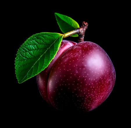 Plum with leaf isolated on black background, AI generatedの素材