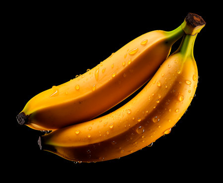 Bananas isolated on black background with water drops, AI generatedの素材