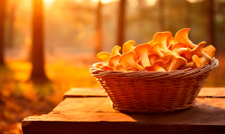 Wicker basket with chanterelle mushrooms on autumn forest background. Copy space. AI generatedの素材