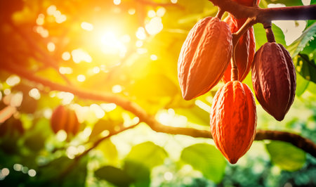 Cocoa pods, cacao tree blurred background with copy space, AI generatedの素材