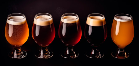 Different types of beer isolated on black background, AI generatedの素材