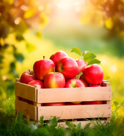 Wooden box of freshly picked red apples. Blurred orchard background with copy space. AI generatedの素材