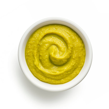 Bowl with guacamole, avocado dip isolated on white background, top view, AI generatedの素材
