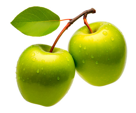 Two green apples on branch isolated on white background with clipping path, AI generatedの素材