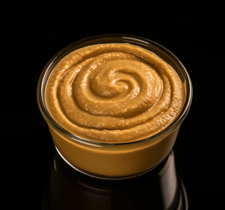 Mustard in glass bowl isolated on black background, AI generatedの素材