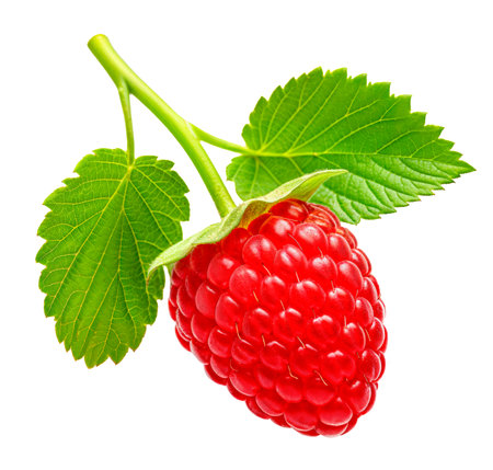 One raspberry on branch isolated on white background, AI generatedの素材