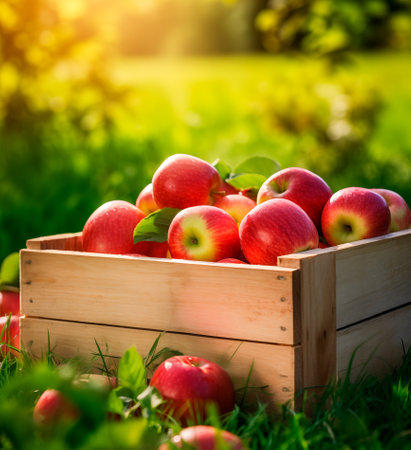Wooden box of freshly picked red apples. Blurred orchard background with copy space. AI generatedの素材
