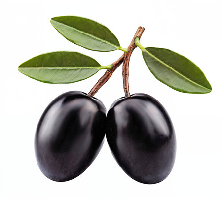 Black olives with leaves on branch isolated on white background with clipping path, AI generatedの素材