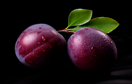 Two plums with leaf isolated on black background, AI generatedの素材