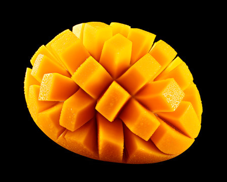 Sliced mango fruit isolated on black background, top view, AI generatedの素材