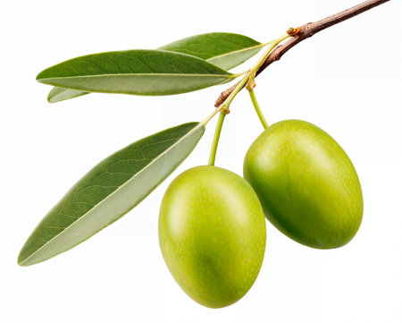 Green olives with leaves on branch isolated on white background with clipping path, AI generatedの素材
