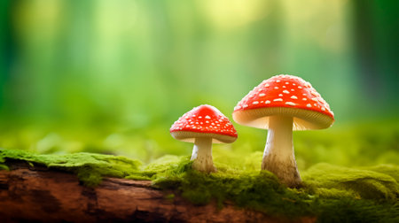Two fly agarics mushrooms close up on moss stump, AI generatedの素材