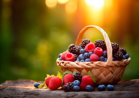 Basket of fresh forest berries in sunny forest background with copy space, AI generatedの素材