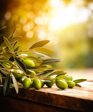 Olive branches on old wooden table. Blurred mediterranean background in sunset light. Copy space for text. AI generatedの素材