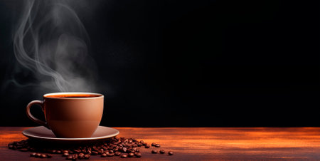 Cup of hot coffee on dark wooden table over black background with copy space, AI generatedの素材