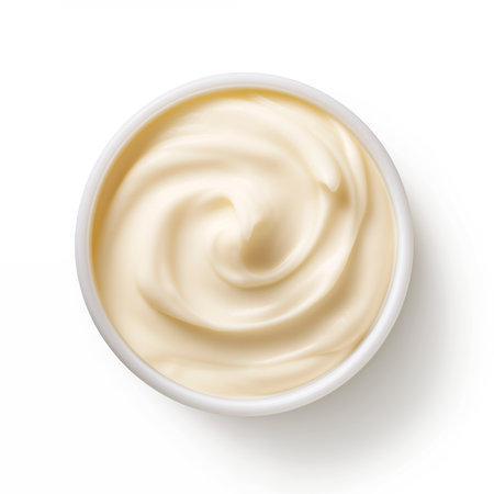 Top view of mayonnaise sauce isolated on white background, AI generatedの素材