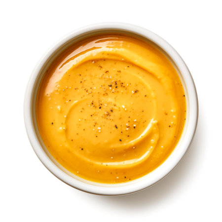Sweet mustard sauce isolated on white background, top view, AI generatedの素材