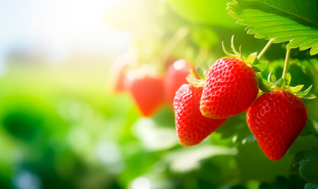 Strawberry bush close up, fresh berries with leaves on branch on blurred garden background with copy space, AI generatedの素材