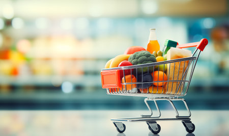 Supermarket trolley full of different groceries, shopping cart filled with food and drinks on blurred supermarket background. Copy space for text. AI generatedの素材