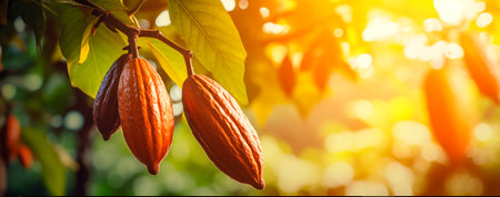 Cocoa pods, cacao tree blurred background with copy space, AI generatedの素材